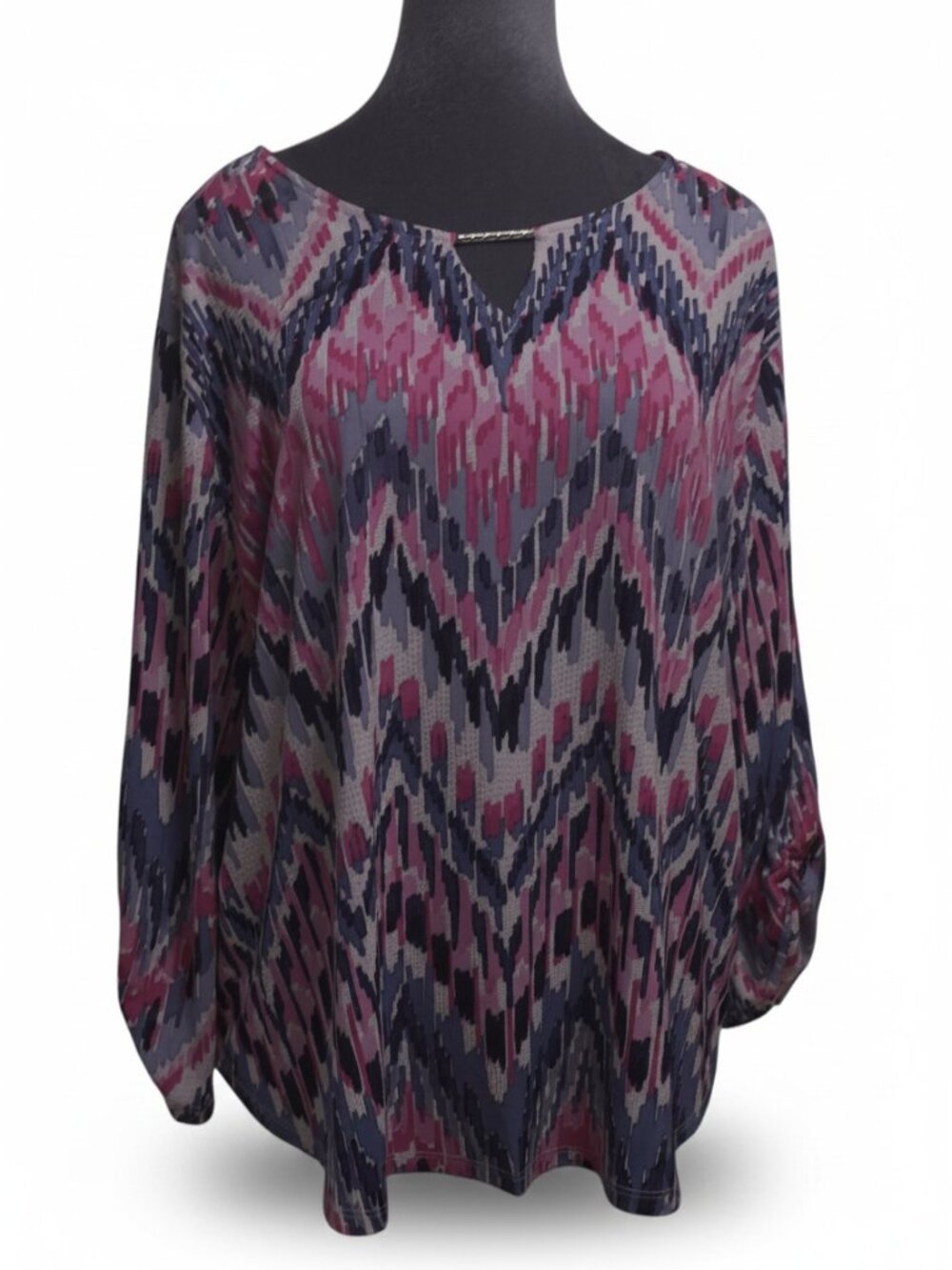 Alfred Dunner Petite PXL Abstract Ikat Keyhole Blouse Pink Gray